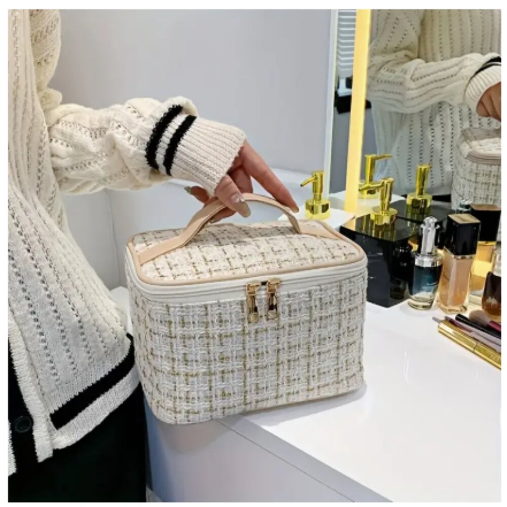 Chic Tweed Cosmetic Bag with Leather Handle - Cream